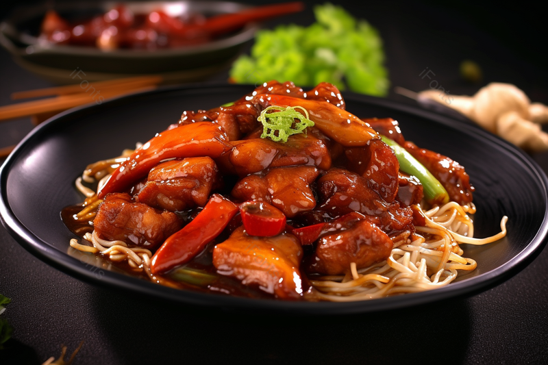 秘制的果园柴鸡和面条放在盘子里摄影图,高清,摄影图,摄影图片,图片大全,摄影图免费下载